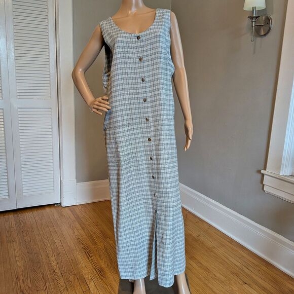 Vintage 90s AMI Knit Plaid Maxi Dress Button Front Gray Pockets Minimalist L - Picture 3 of 9